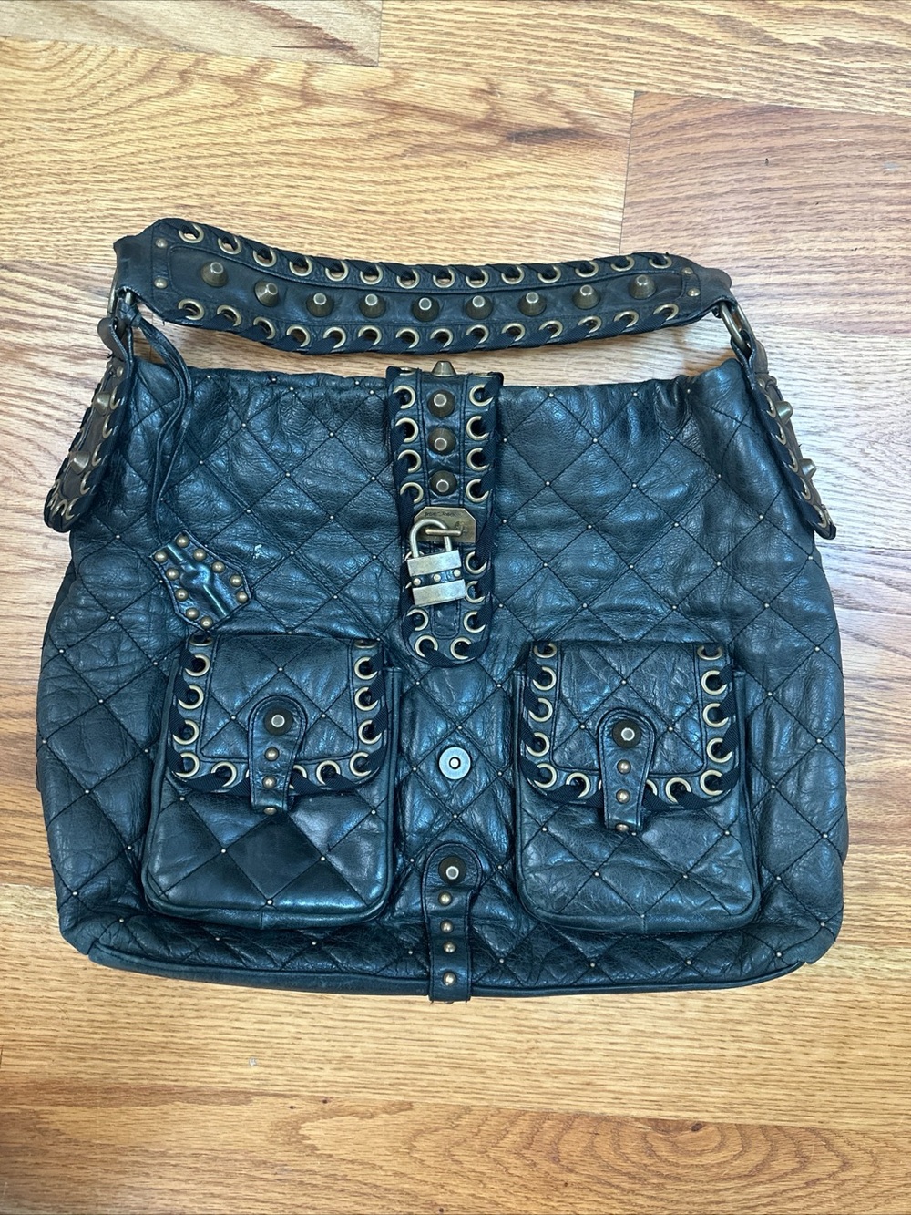 Vintage Betsey Johnson Black Leather Shoulder Bag with Studded Trim